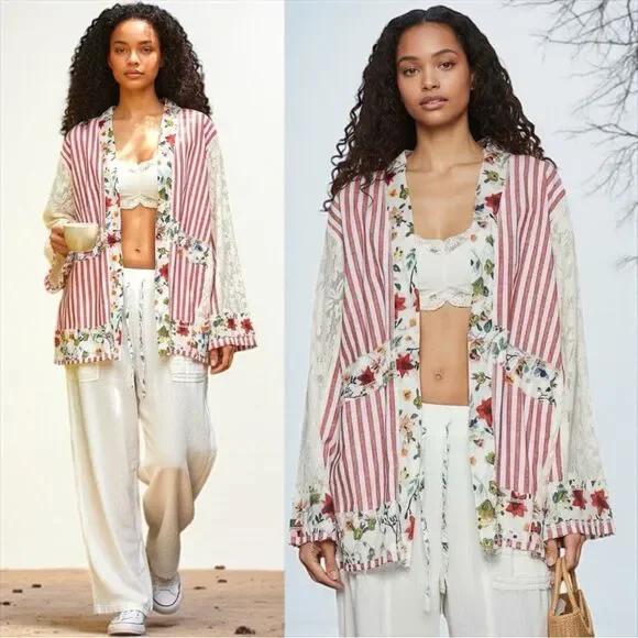 POL Lace Boho Striped Cardigan Layering Kimono Floral Patchwork Detail Med NEW - Picture 5 of 10